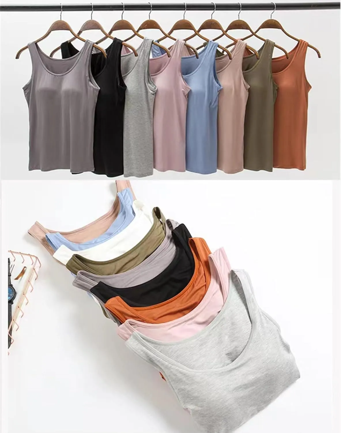 Plus Size Tank Top for Women with Shelf Bra Adjustable Wide Strap Camisole Summer Basic Udershirts 12 PC