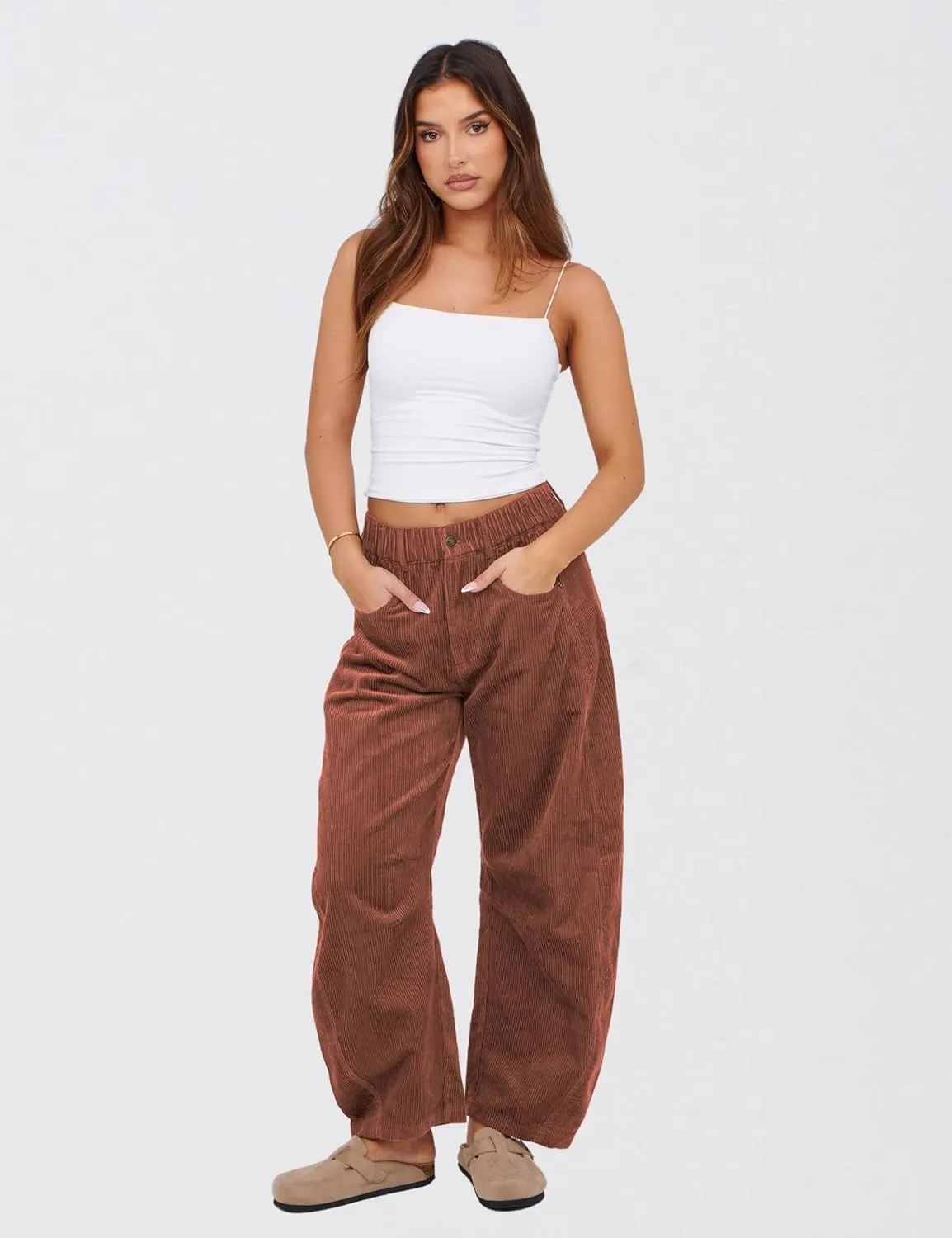 SeekMe Women's Corduroy Pants Barrel Mid-Rise Elastic Waist Cord Pants Casual Wide Leg Baggy Trouser with Pockets