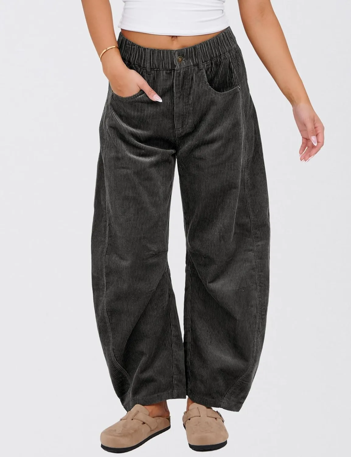 SeekMe Women's Corduroy Pants Barrel Mid-Rise Elastic Waist Cord Pants Casual Wide Leg Baggy Trouser with Pockets
