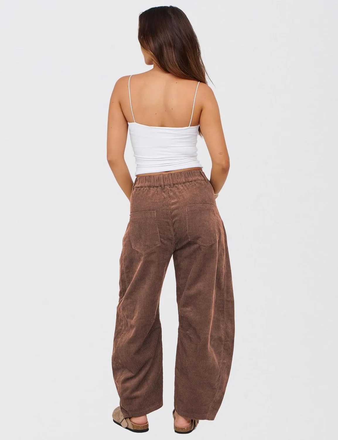 SeekMe Women's Corduroy Pants Barrel Mid-Rise Elastic Waist Cord Pants Casual Wide Leg Baggy Trouser with Pockets