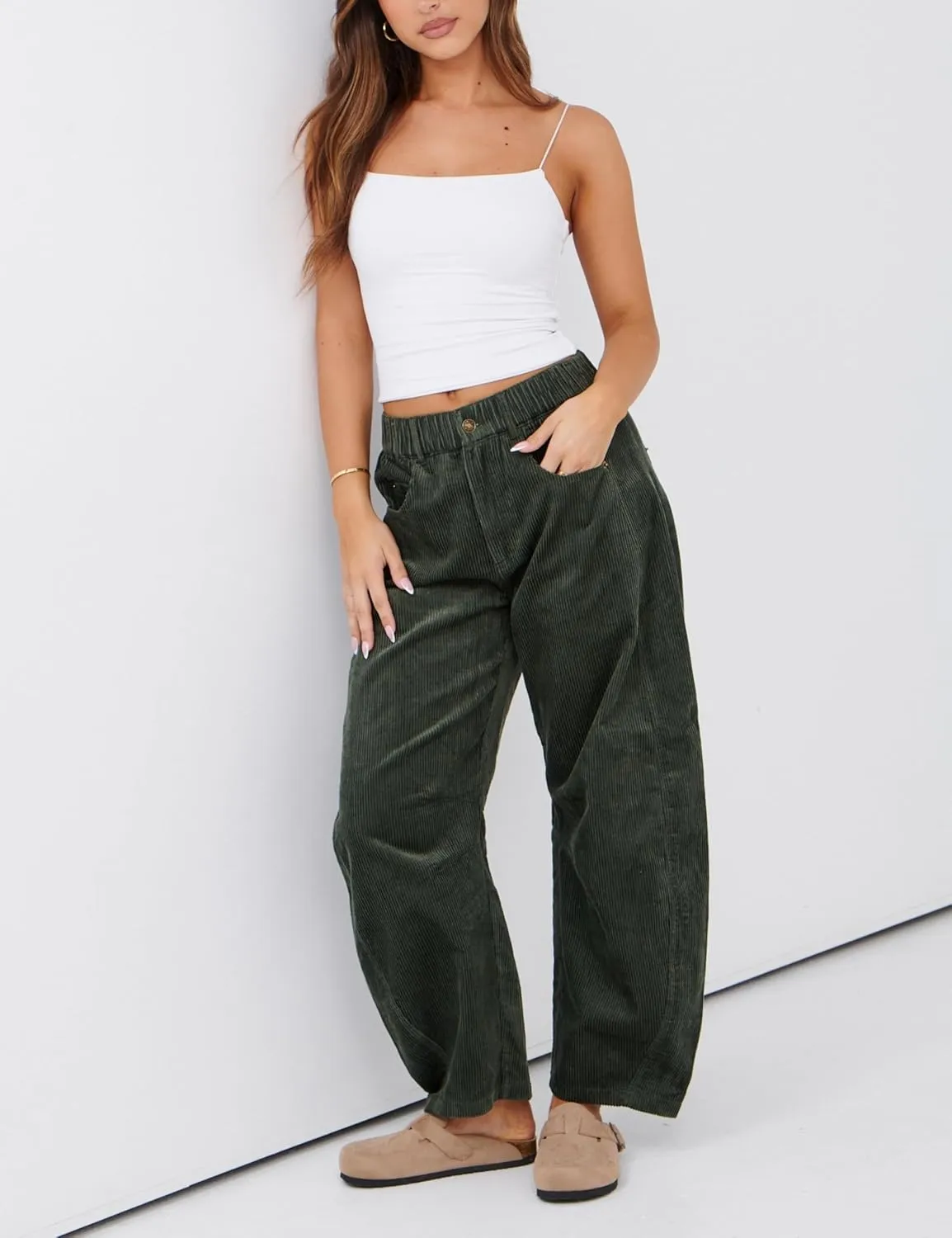 SeekMe Women's Corduroy Pants Barrel Mid-Rise Elastic Waist Cord Pants Casual Wide Leg Baggy Trouser with Pockets