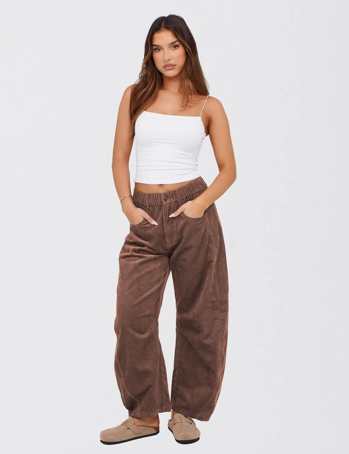 SeekMe Women's Corduroy Pants Barrel Mid-Rise Elastic Waist Cord Pants Casual Wide Leg Baggy Trouser with Pockets