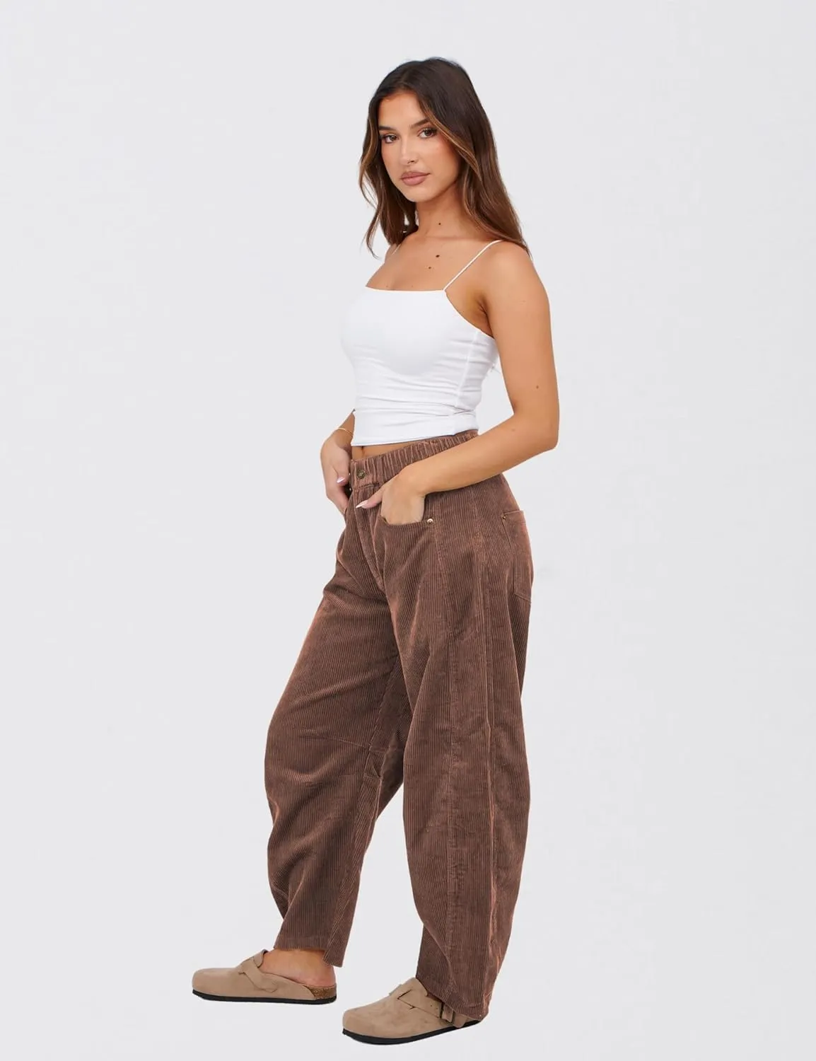 SeekMe Women's Corduroy Pants Barrel Mid-Rise Elastic Waist Cord Pants Casual Wide Leg Baggy Trouser with Pockets