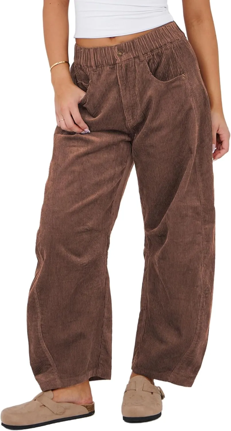 SeekMe Women's Corduroy Pants Barrel Mid-Rise Elastic Waist Cord Pants Casual Wide Leg Baggy Trouser with Pockets