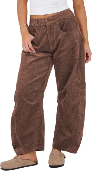 SeekMe Women's Corduroy Pants Barrel Mid-Rise Elastic Waist Cord Pants Casual Wide Leg Baggy Trouser with Pockets