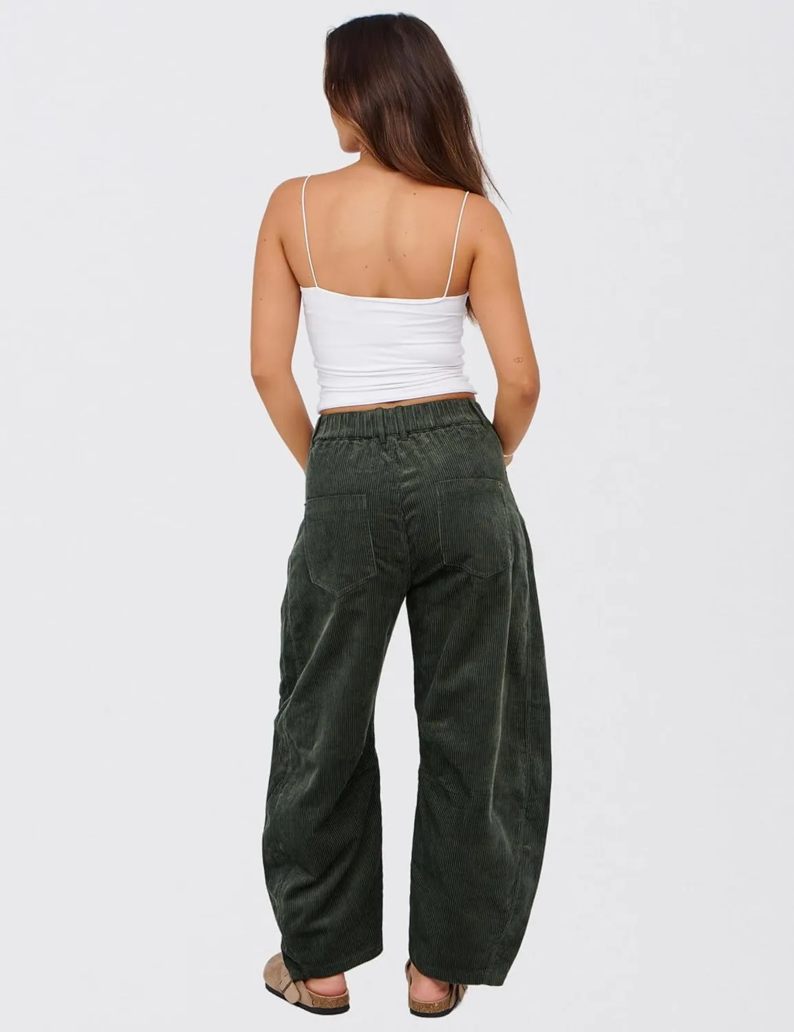 SeekMe Women's Corduroy Pants Barrel Mid-Rise Elastic Waist Cord Pants Casual Wide Leg Baggy Trouser with Pockets
