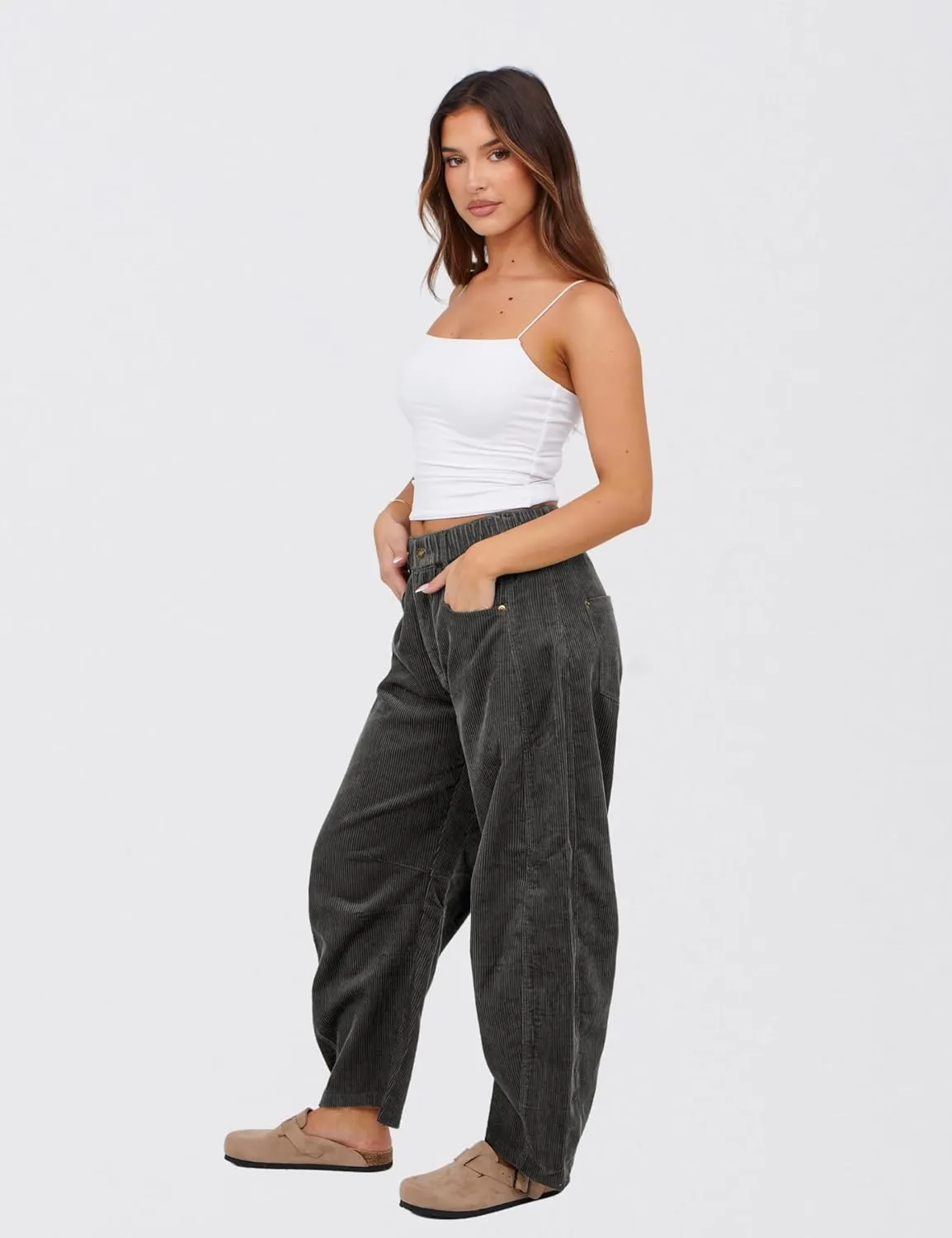 SeekMe Women's Corduroy Pants Barrel Mid-Rise Elastic Waist Cord Pants Casual Wide Leg Baggy Trouser with Pockets