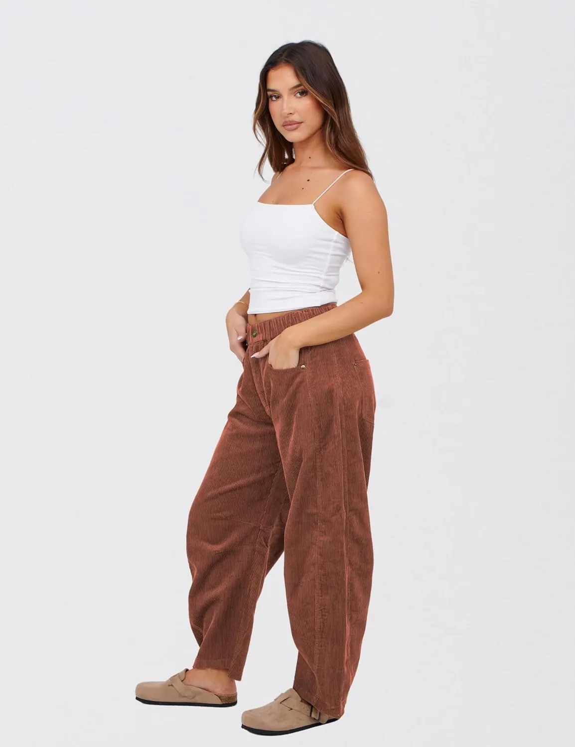 SeekMe Women's Corduroy Pants Barrel Mid-Rise Elastic Waist Cord Pants Casual Wide Leg Baggy Trouser with Pockets