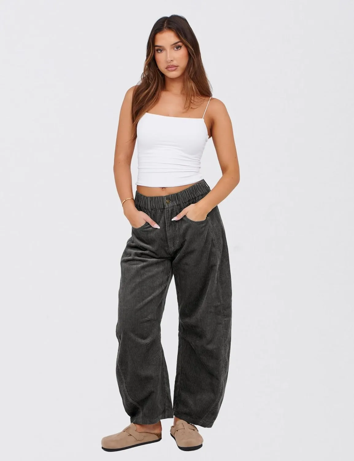 SeekMe Women's Corduroy Pants Barrel Mid-Rise Elastic Waist Cord Pants Casual Wide Leg Baggy Trouser with Pockets