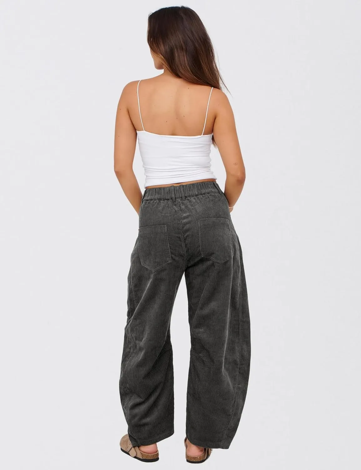 SeekMe Women's Corduroy Pants Barrel Mid-Rise Elastic Waist Cord Pants Casual Wide Leg Baggy Trouser with Pockets