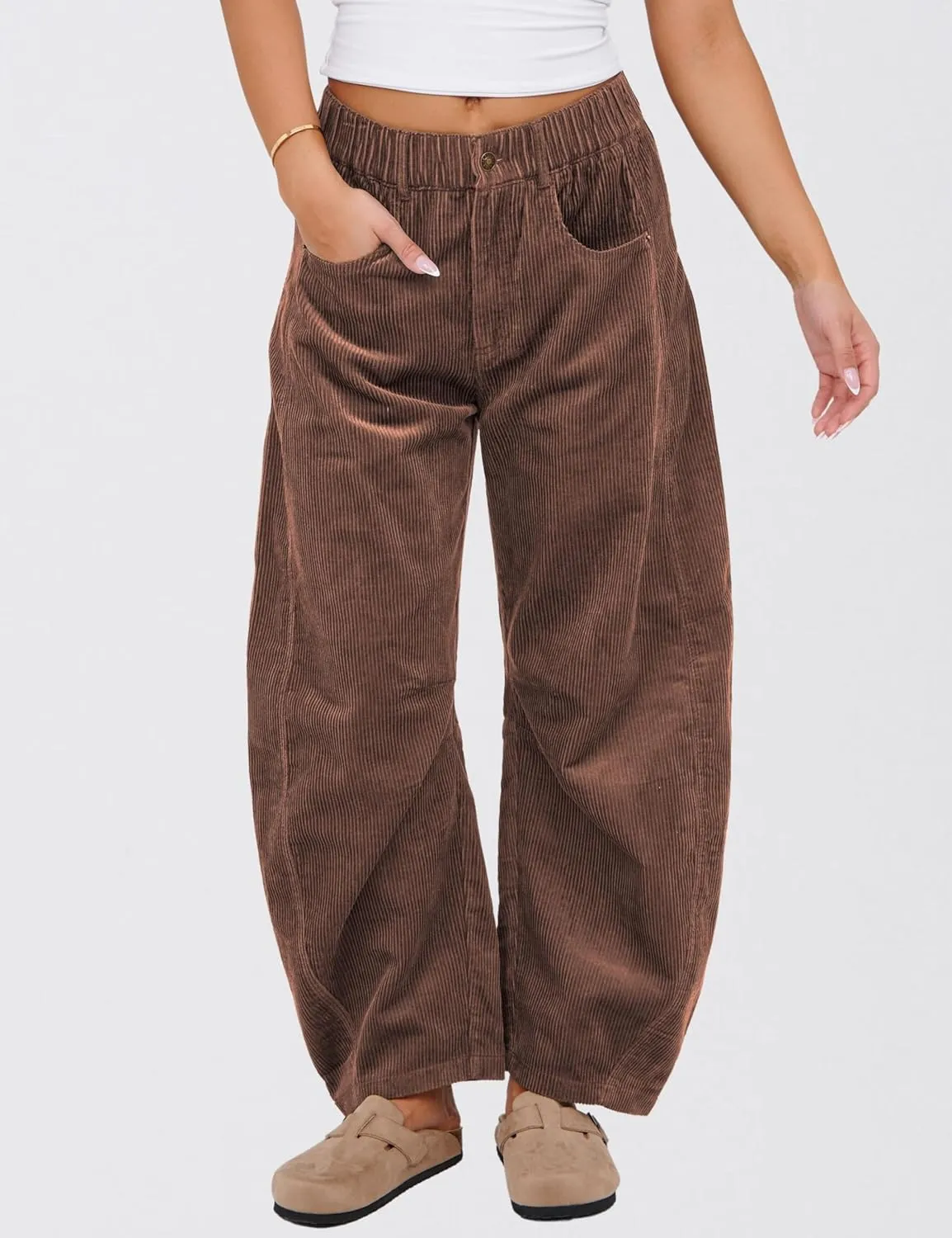 SeekMe Women's Corduroy Pants Barrel Mid-Rise Elastic Waist Cord Pants Casual Wide Leg Baggy Trouser with Pockets