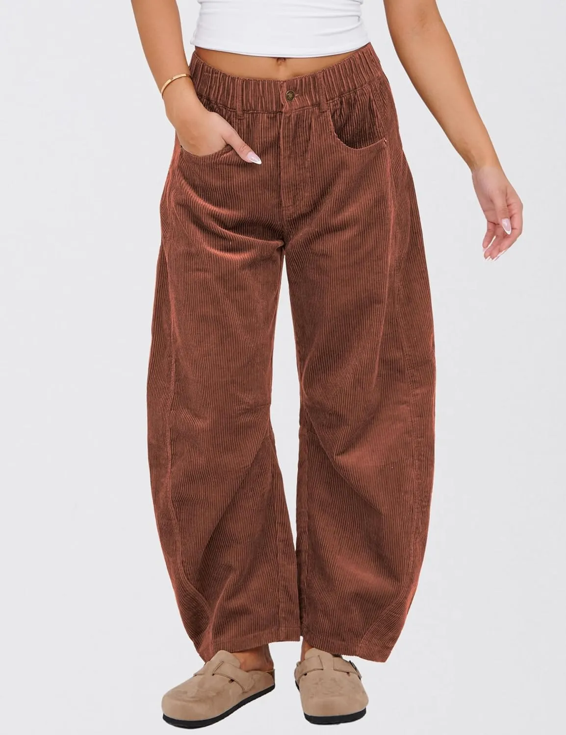 SeekMe Women's Corduroy Pants Barrel Mid-Rise Elastic Waist Cord Pants Casual Wide Leg Baggy Trouser with Pockets