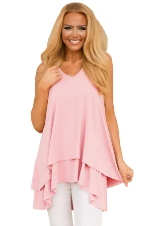 Sexy Pink Ruffled Layer Asymmetric Hem Tunic Tank