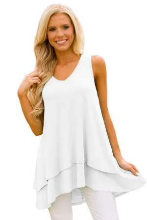 Sexy White Ruffled Layer Asymmetric Hem Tunic Tank