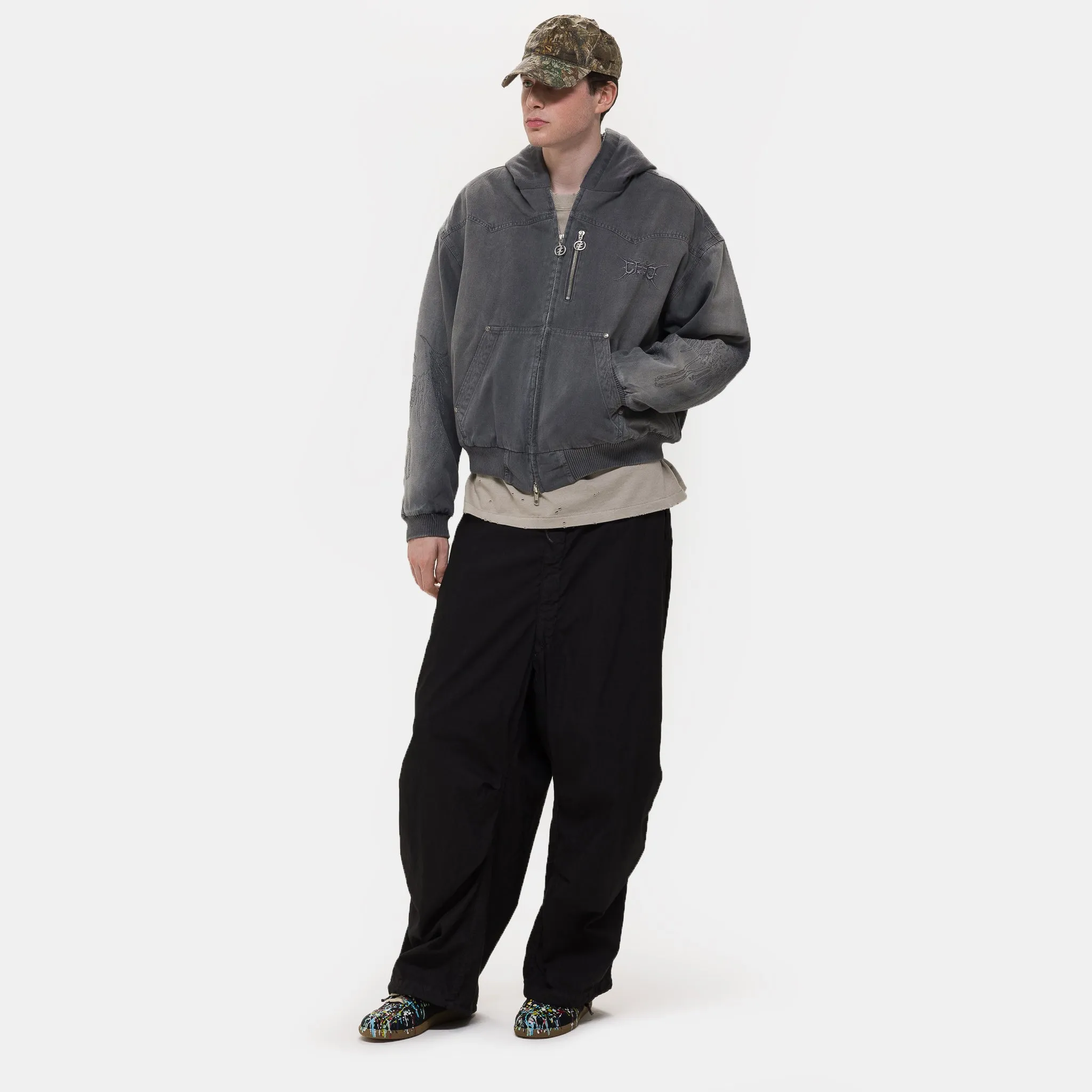 Skull Angel Quilted Cotton Hooded Zipped Jacket in Dark Grey