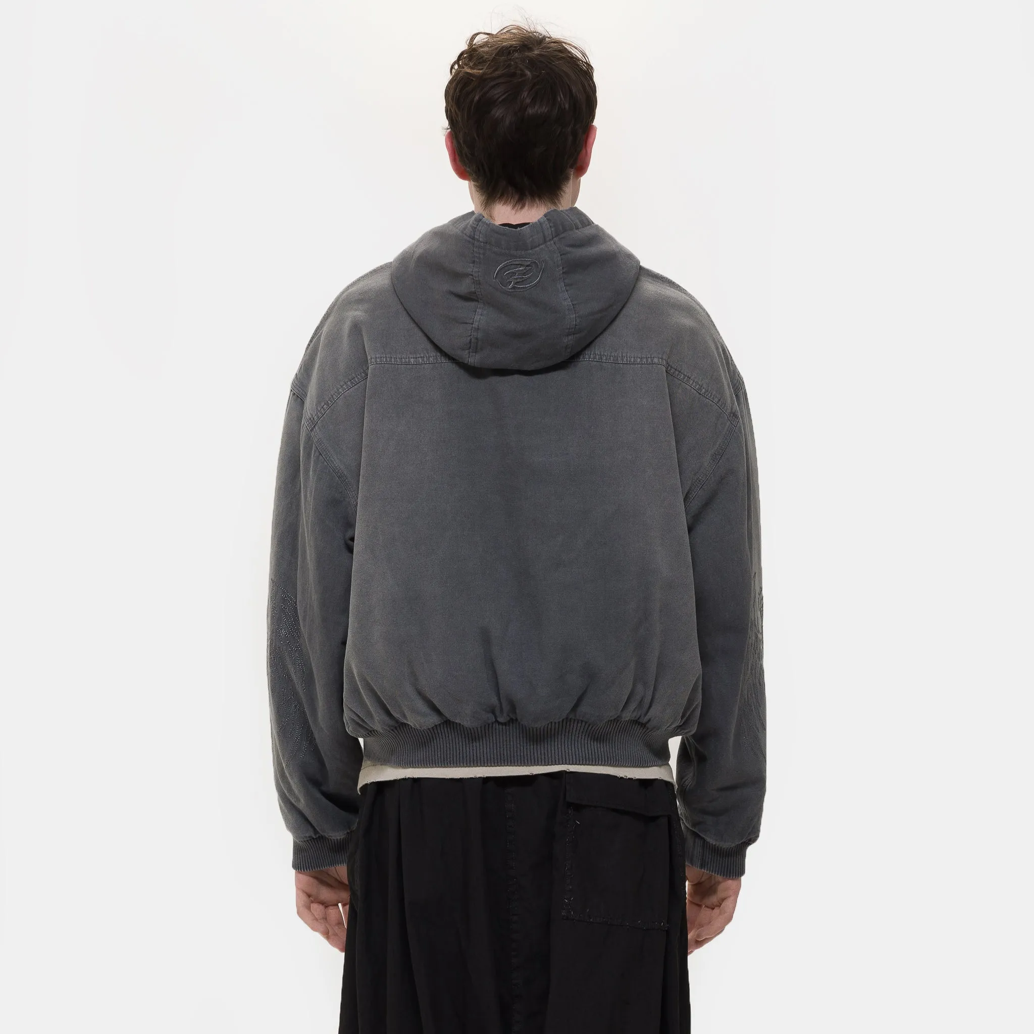 Skull Angel Quilted Cotton Hooded Zipped Jacket in Dark Grey