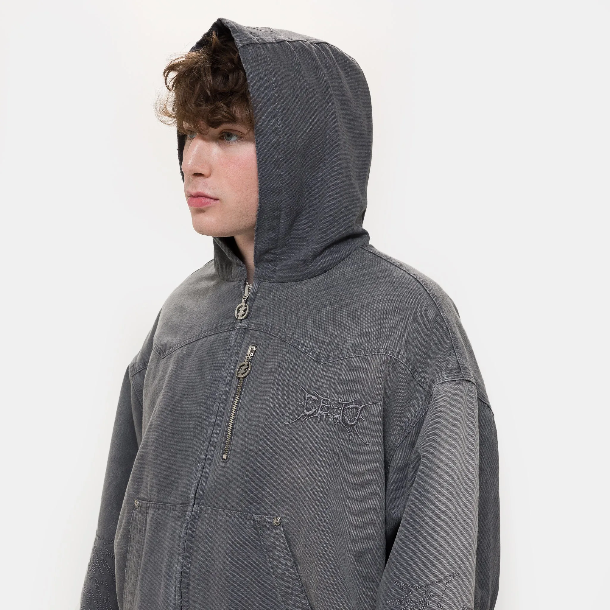 Skull Angel Quilted Cotton Hooded Zipped Jacket in Dark Grey