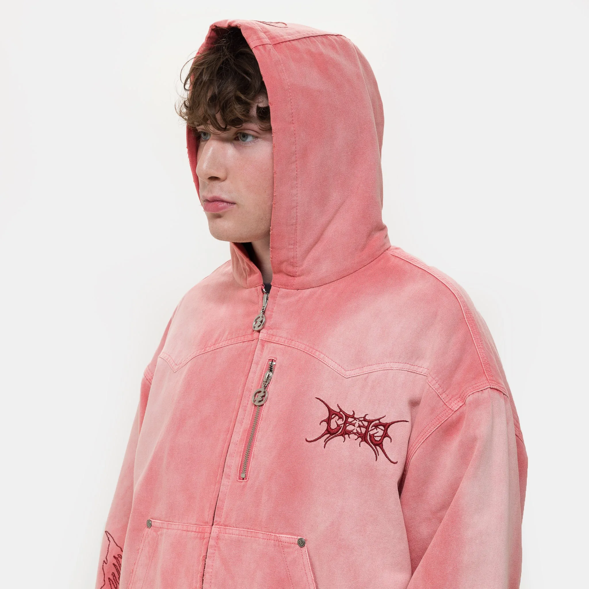 Skull Angel Quilted Cotton Hooded Zipped Jacket in Dirty Pink