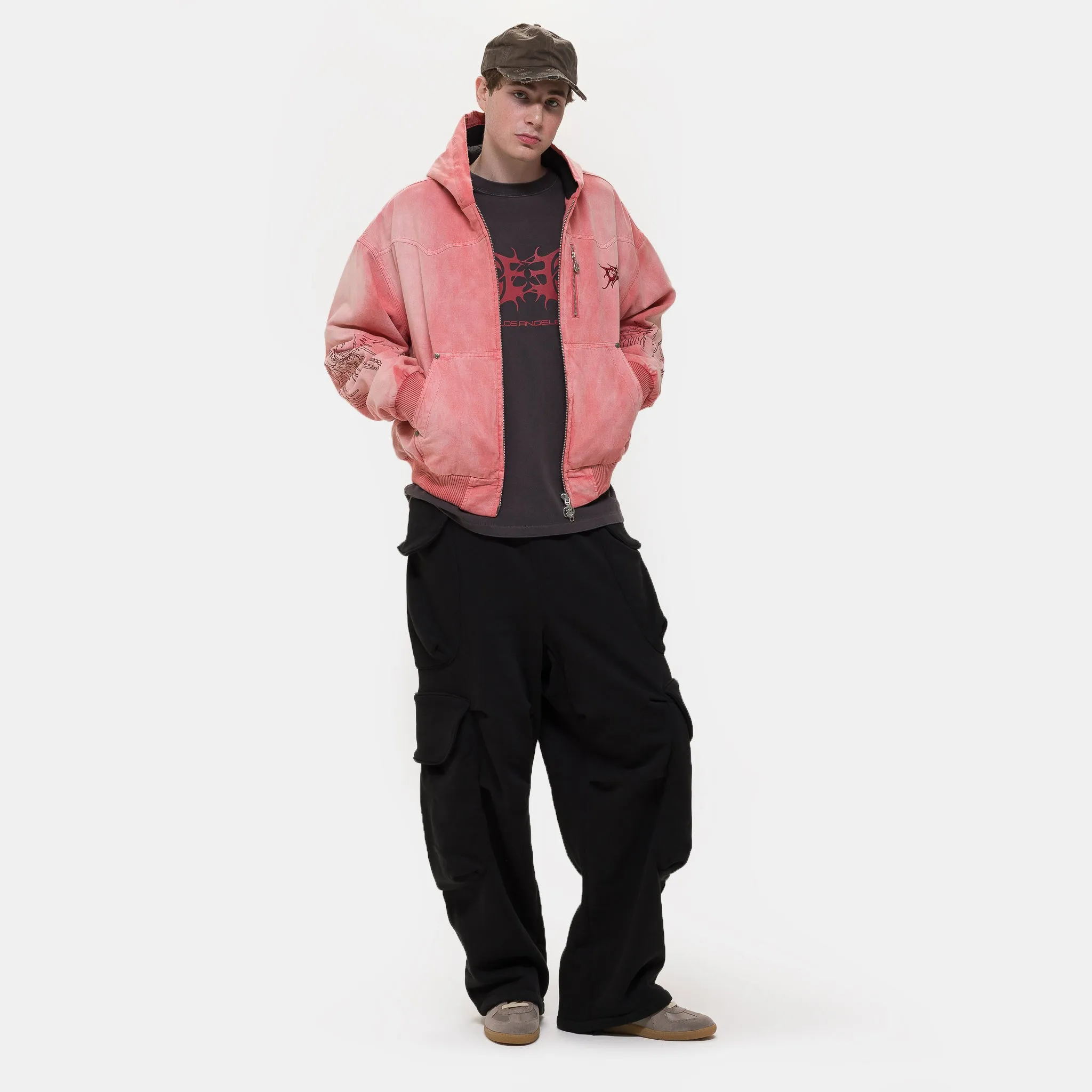 Skull Angel Quilted Cotton Hooded Zipped Jacket in Dirty Pink