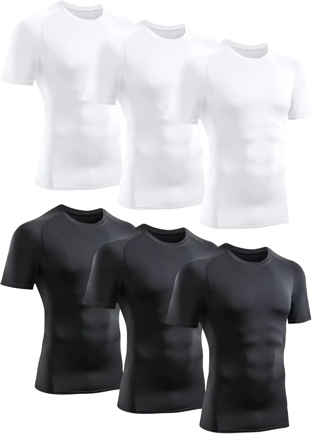 TELALEO 6 Pack Men's Compression Shirt Short Sleeve Athletic Baselayer Sports T Shirts Workout Tops for Men Black White