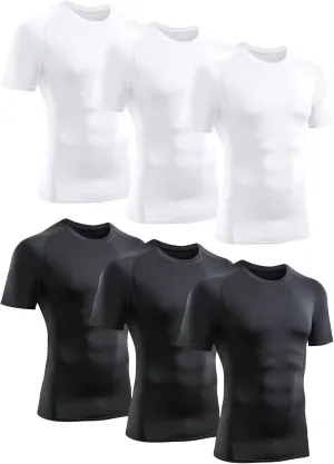 TELALEO 6 Pack Men's Compression Shirt Short Sleeve Athletic Baselayer Sports T Shirts Workout Tops for Men Black White