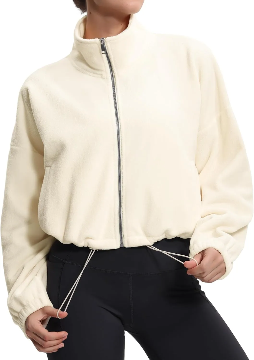 THE GYM PEOPLE Women's Fleece Cropped Jacket Full Zip Stand Collar Workout Short Sherpa Coats with Pockets Drawstring Hem