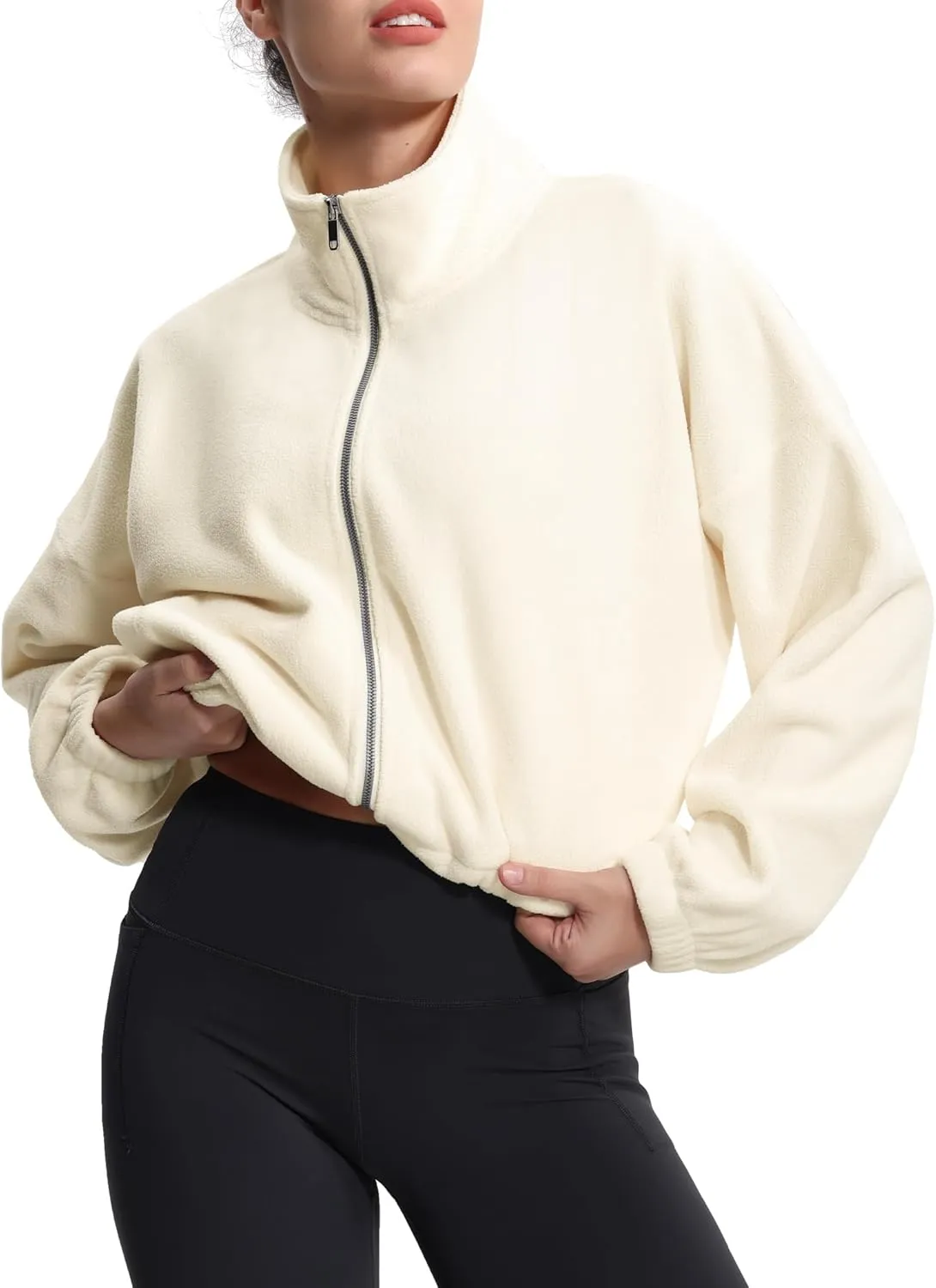 THE GYM PEOPLE Women's Fleece Cropped Jacket Full Zip Stand Collar Workout Short Sherpa Coats with Pockets Drawstring Hem