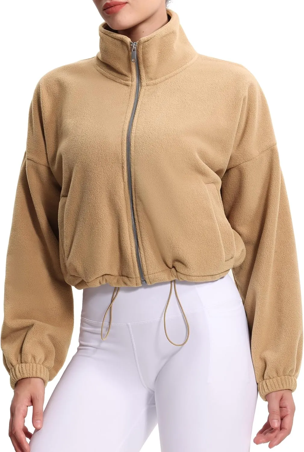 THE GYM PEOPLE Women's Fleece Cropped Jacket Full Zip Stand Collar Workout Short Sherpa Coats with Pockets Drawstring Hem