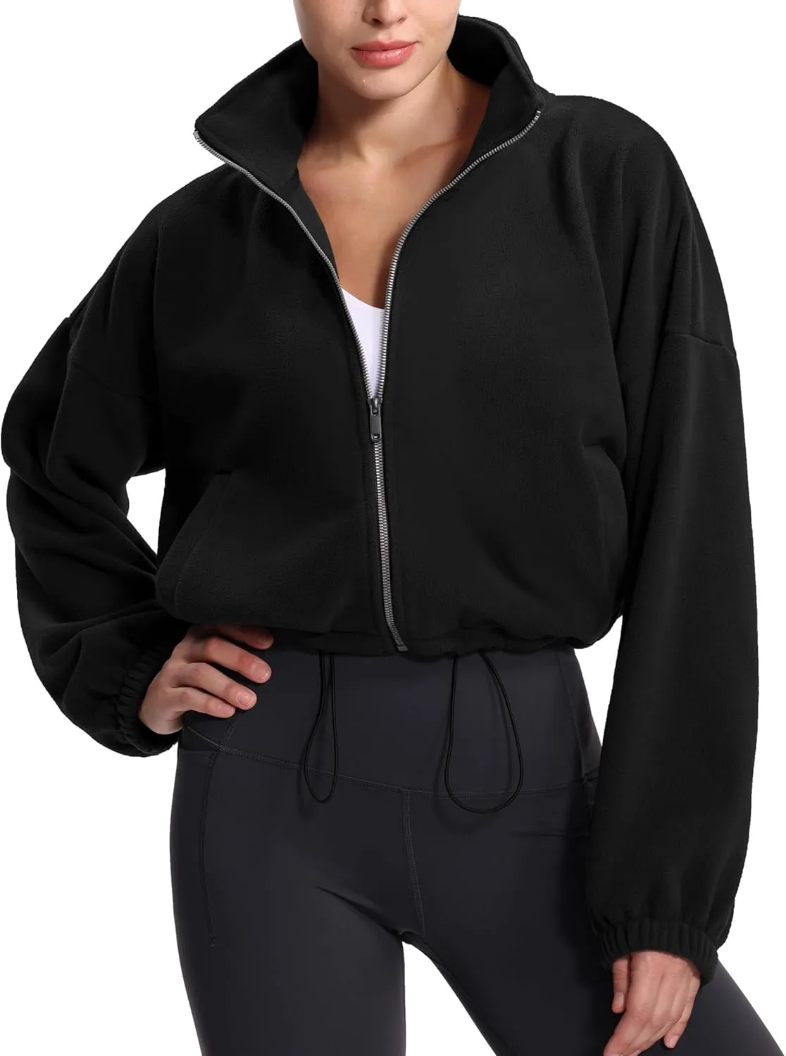 THE GYM PEOPLE Women's Fleece Cropped Jacket Full Zip Stand Collar Workout Short Sherpa Coats with Pockets Drawstring Hem