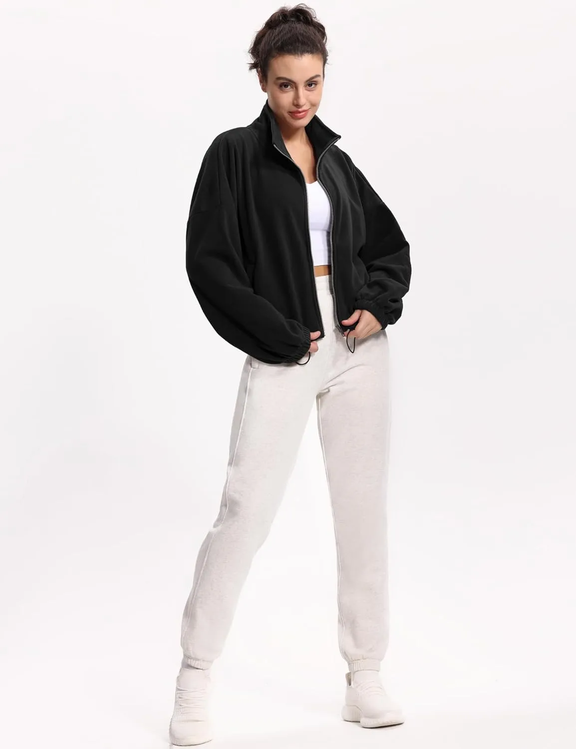 THE GYM PEOPLE Women's Fleece Cropped Jacket Full Zip Stand Collar Workout Short Sherpa Coats with Pockets Drawstring Hem