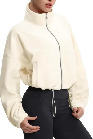 THE GYM PEOPLE Women's Fleece Cropped Jacket Full Zip Stand Collar Workout Short Sherpa Coats with Pockets Drawstring Hem