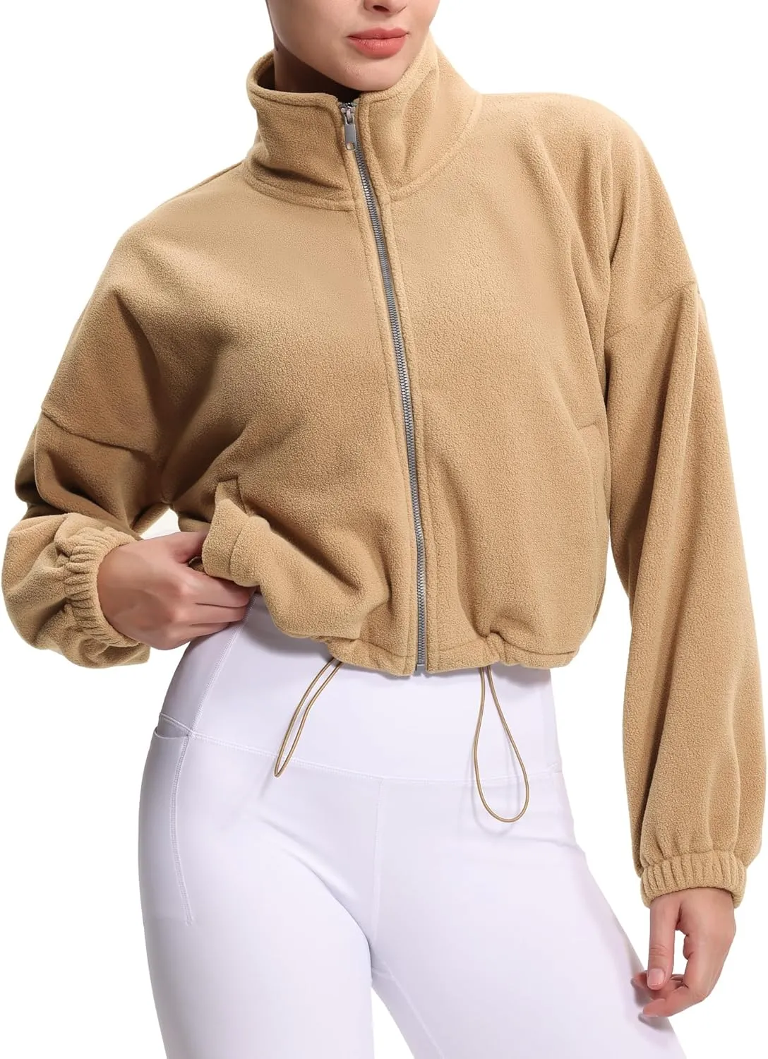 THE GYM PEOPLE Women's Fleece Cropped Jacket Full Zip Stand Collar Workout Short Sherpa Coats with Pockets Drawstring Hem