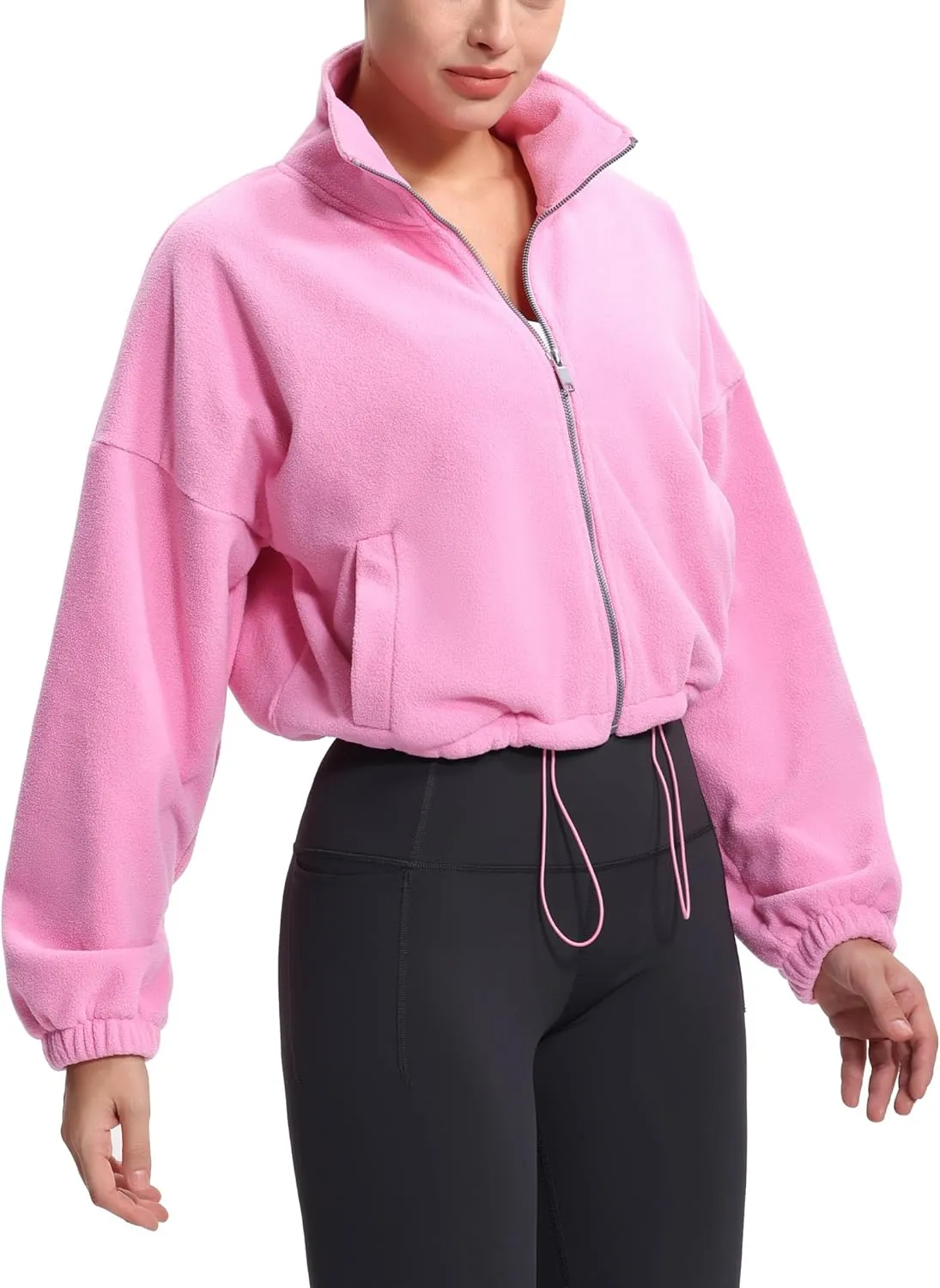 THE GYM PEOPLE Women's Fleece Cropped Jacket Full Zip Stand Collar Workout Short Sherpa Coats with Pockets Drawstring Hem