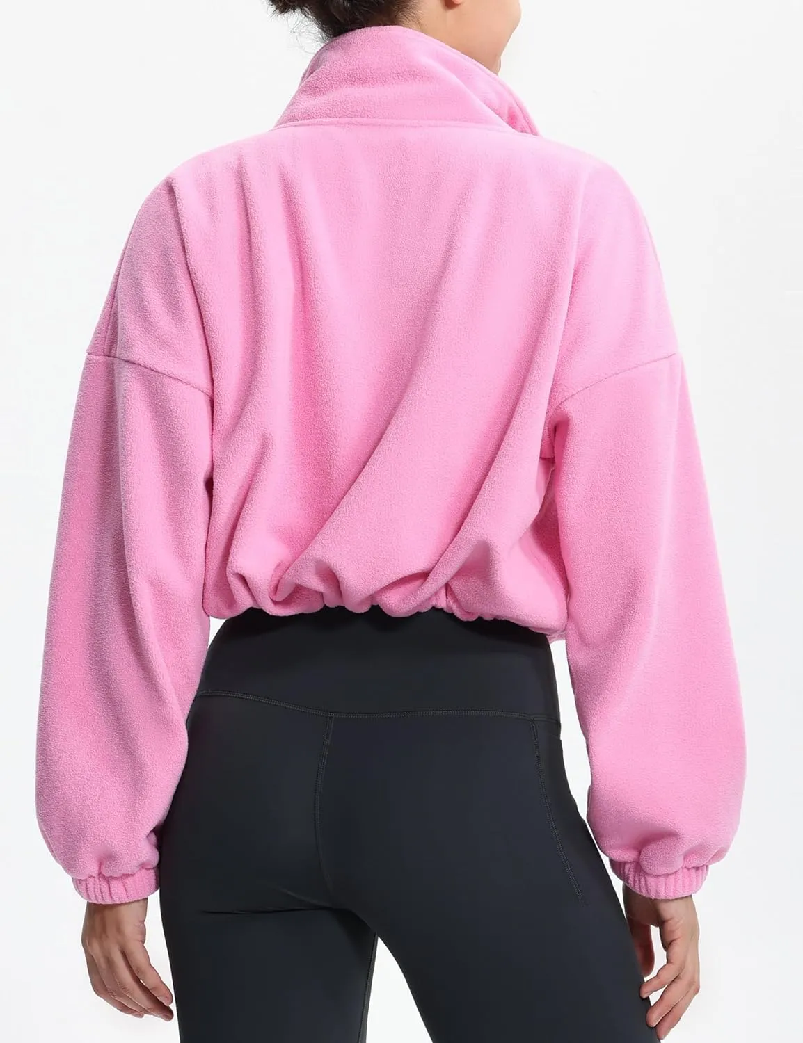 THE GYM PEOPLE Women's Fleece Cropped Jacket Full Zip Stand Collar Workout Short Sherpa Coats with Pockets Drawstring Hem