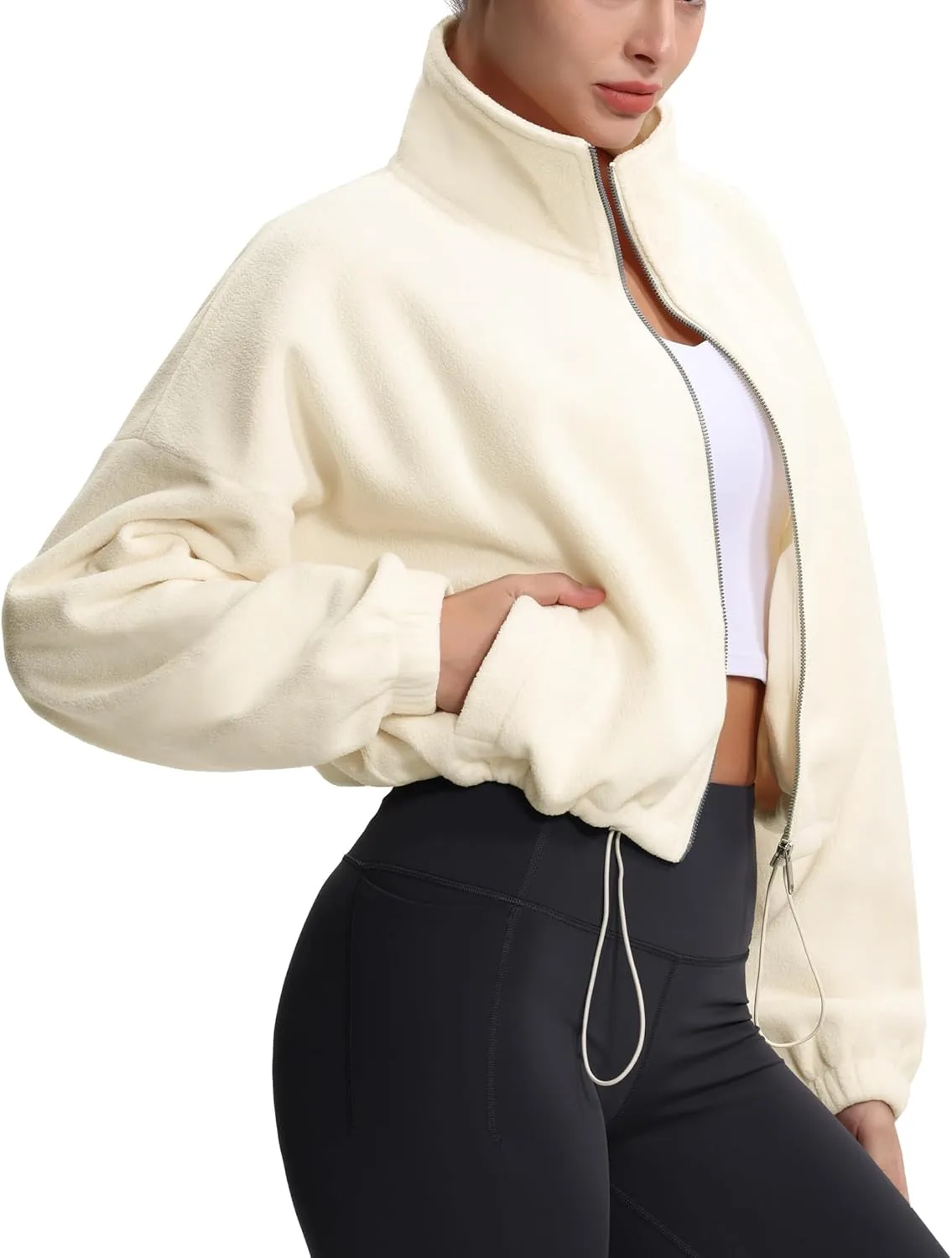 THE GYM PEOPLE Women's Fleece Cropped Jacket Full Zip Stand Collar Workout Short Sherpa Coats with Pockets Drawstring Hem