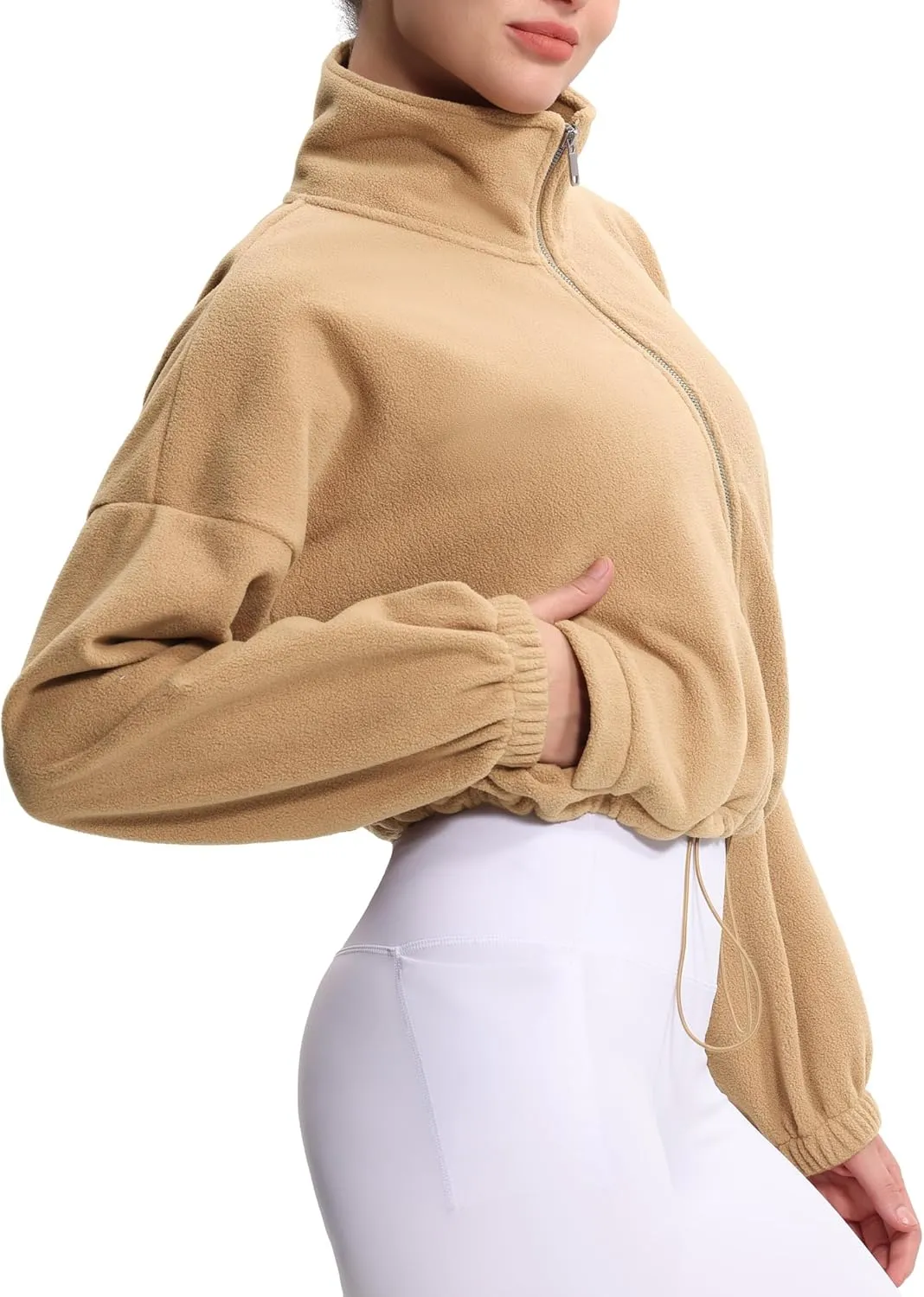 THE GYM PEOPLE Women's Fleece Cropped Jacket Full Zip Stand Collar Workout Short Sherpa Coats with Pockets Drawstring Hem