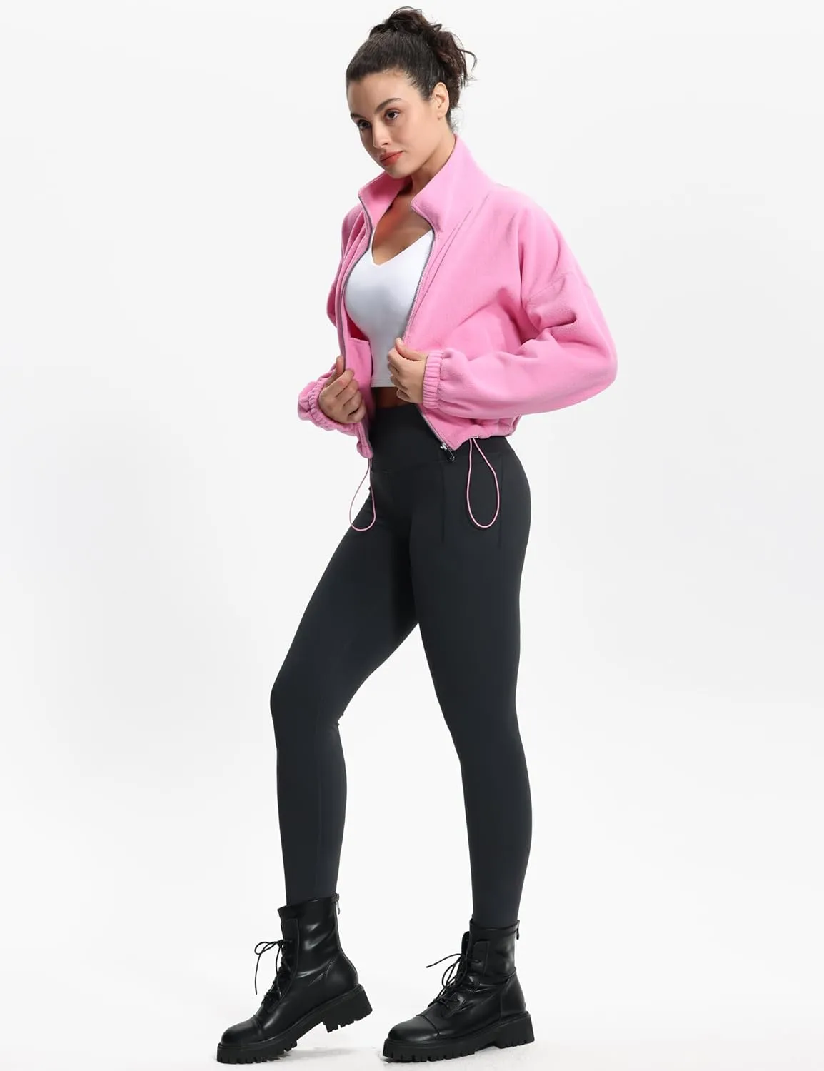 THE GYM PEOPLE Women's Fleece Cropped Jacket Full Zip Stand Collar Workout Short Sherpa Coats with Pockets Drawstring Hem