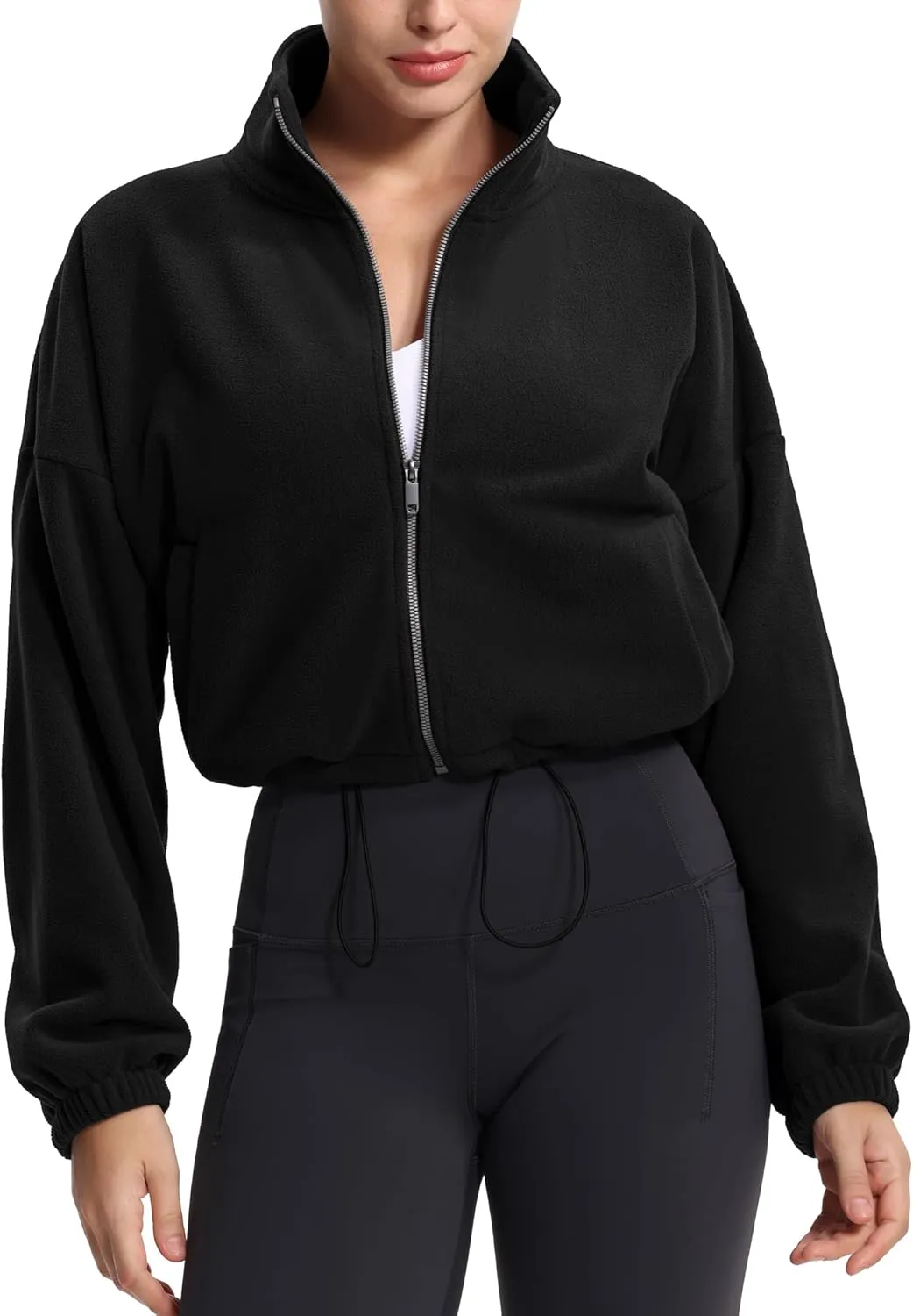 THE GYM PEOPLE Women's Fleece Cropped Jacket Full Zip Stand Collar Workout Short Sherpa Coats with Pockets Drawstring Hem