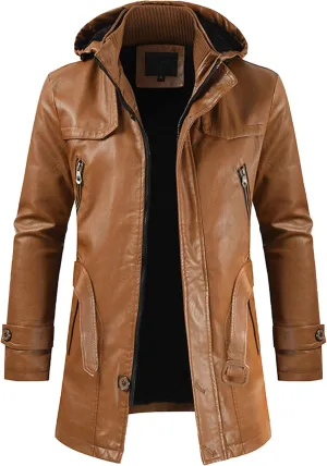 The Next Men Solid Color Hooded Motorcycle Jackets Fashion Long Leather Coat Outerwear Fleece Leather Jacket