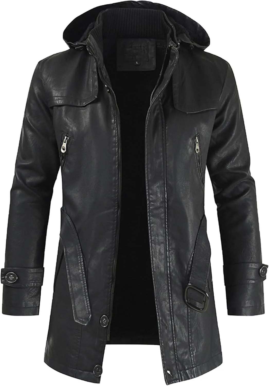 The Next Men Solid Color Hooded Motorcycle Jackets Fashion Long Leather Coat Outerwear Fleece Leather Jacket