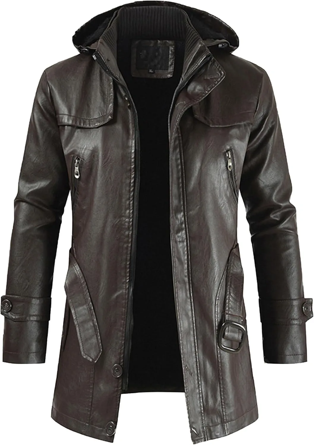 The Next Men Solid Color Hooded Motorcycle Jackets Fashion Long Leather Coat Outerwear Fleece Leather Jacket