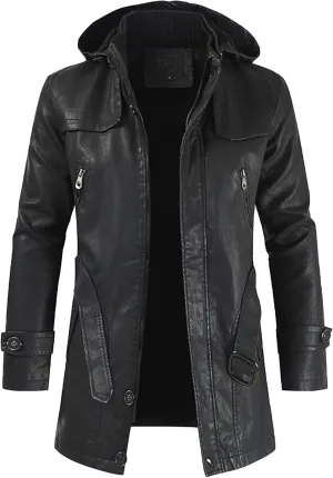 The Next Men Solid Color Hooded Motorcycle Jackets Fashion Long Leather Coat Outerwear Fleece Leather Jacket
