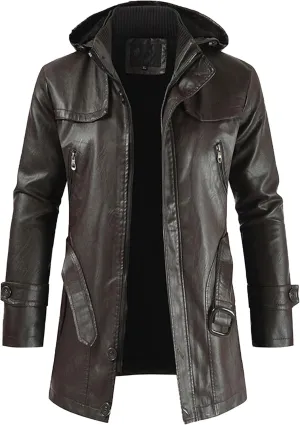 The Next Men Solid Color Hooded Motorcycle Jackets Fashion Long Leather Coat Outerwear Fleece Leather Jacket
