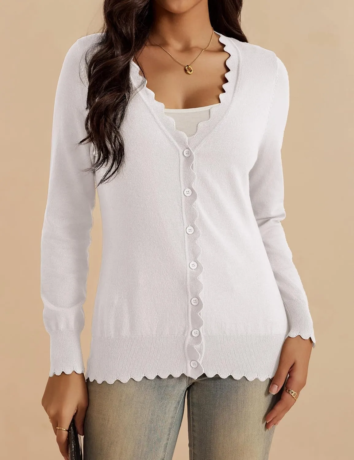 VERABENDI Womens Cardigans Lightweight Long Sleeve V Neck Button Down Cute Scalloped Edges Cardigan Sweaters for Women