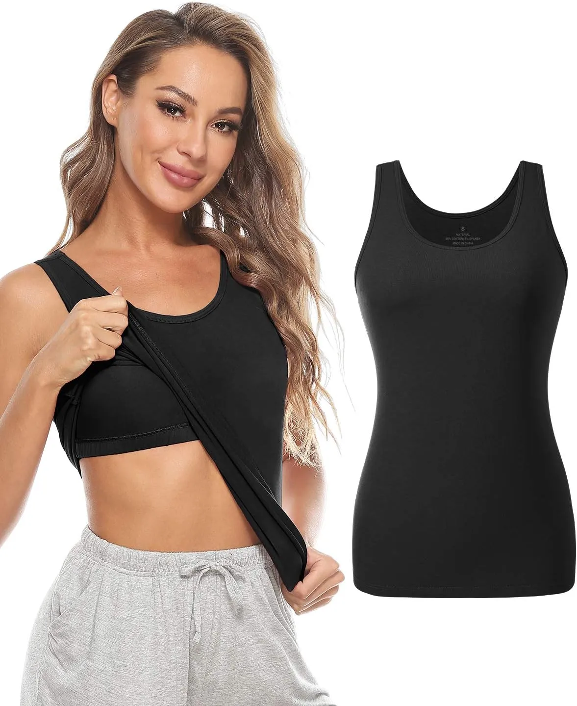 Vislivin Cotton Tank Tops with Shelf Bra for Women Stretch Tanks Wide Strap Undershirts