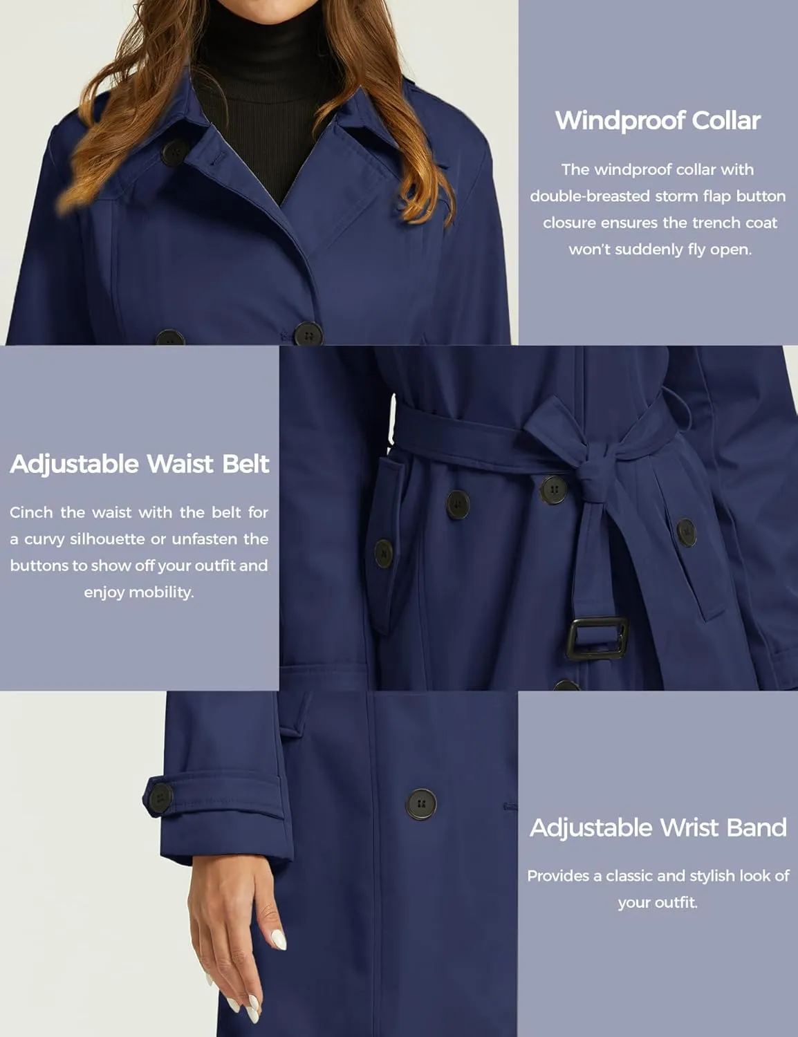 wantdo Women's Waterproof Trench Coat Classic Lapel Outerwear Coat with Belt
