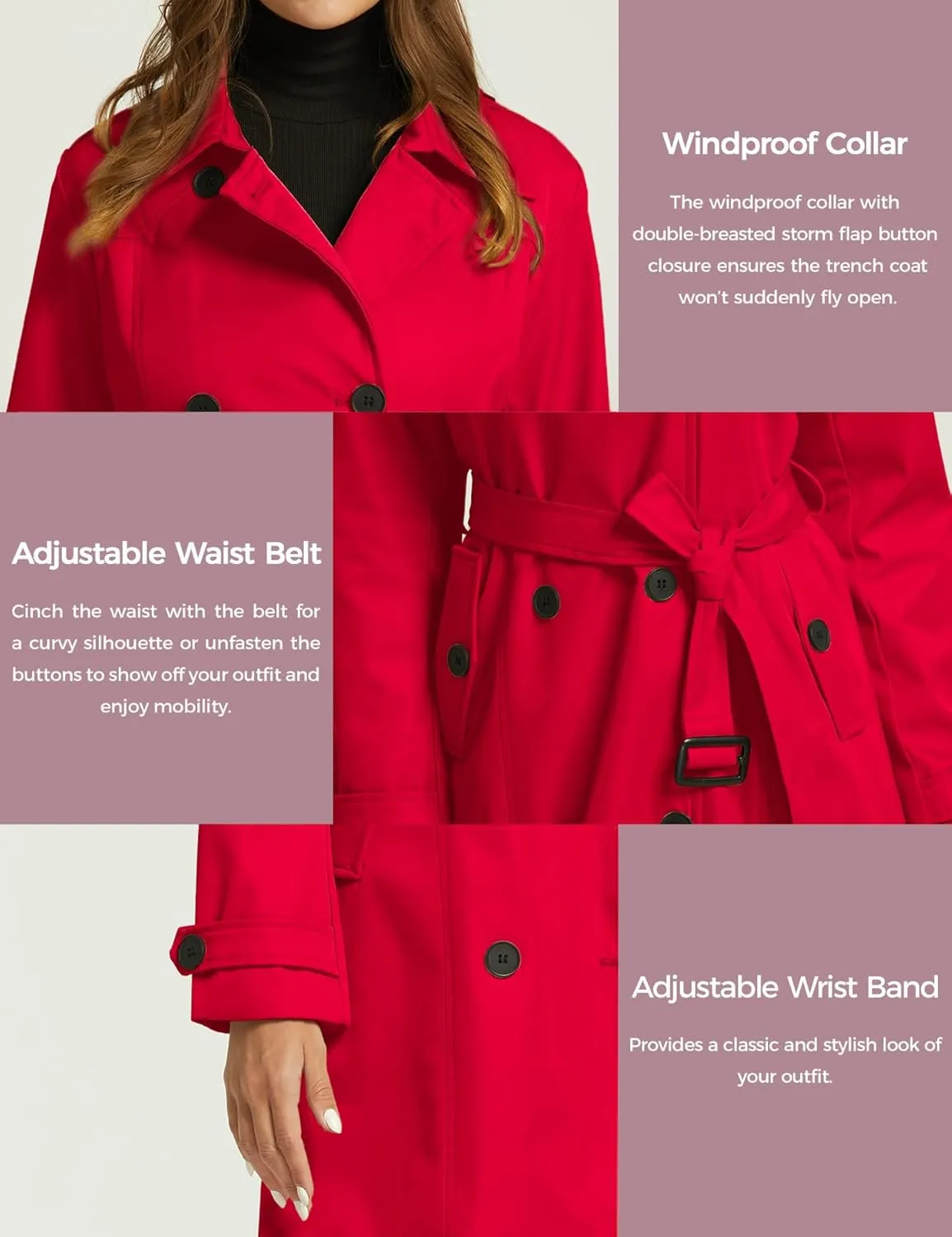 wantdo Women's Waterproof Trench Coat Classic Lapel Outerwear Coat with Belt