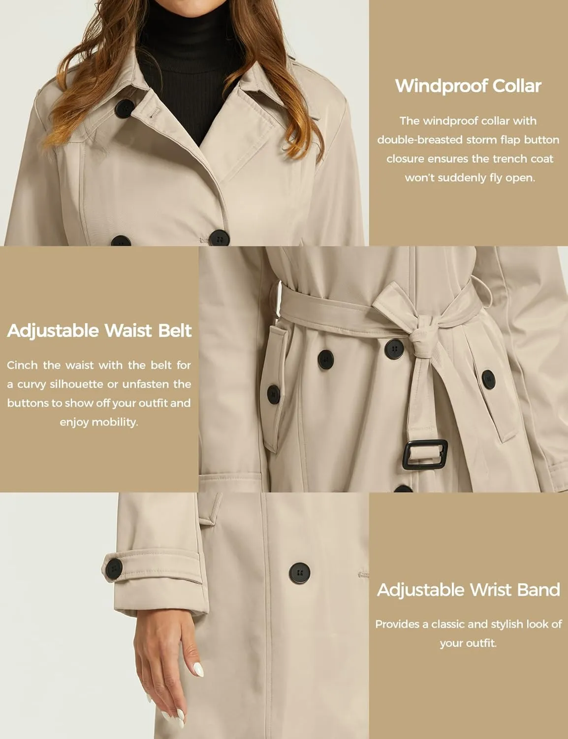 wantdo Women's Waterproof Trench Coat Classic Lapel Outerwear Coat with Belt