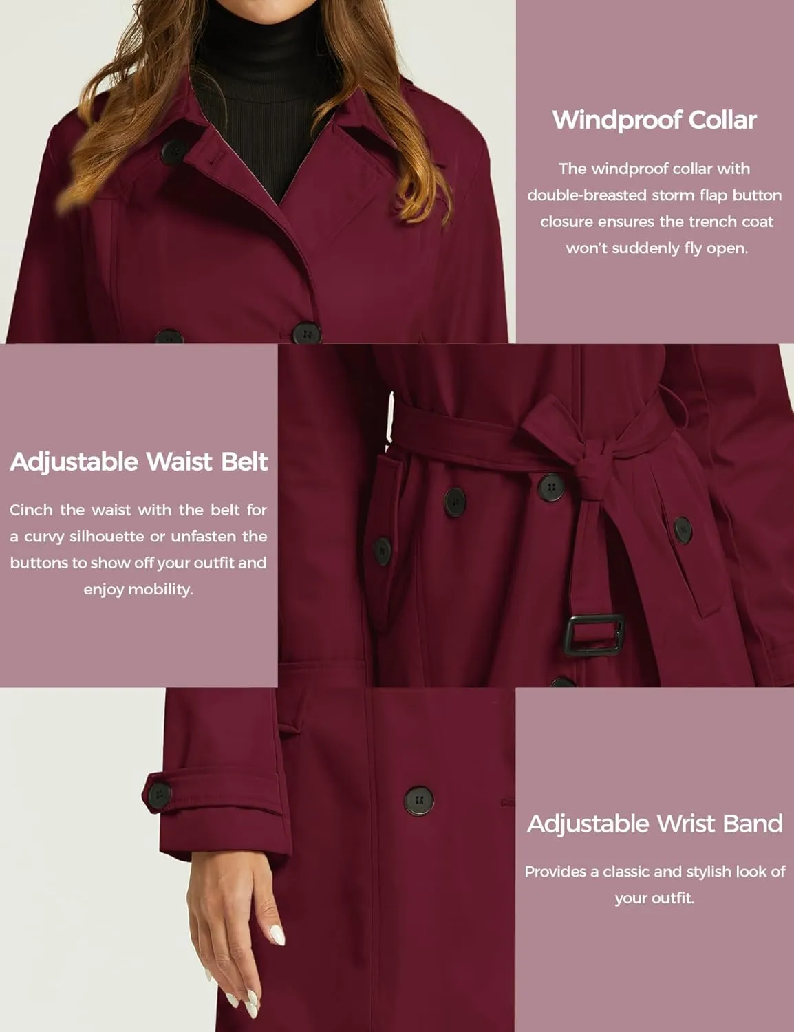 wantdo Women's Waterproof Trench Coat Classic Lapel Outerwear Coat with Belt