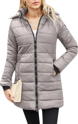 WIWIQS Women's Winter Puffer Coat Warm Lightweight Long Coats Detachable Hooded Parka